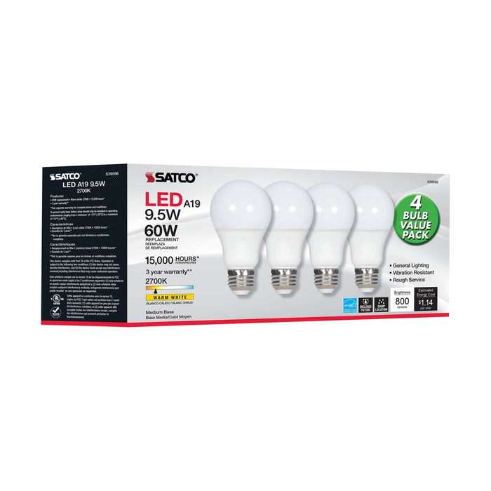 SATCO 9.5 Watt - A19 LED - Frosted - 2700K - Medium base - 220 deg. Beam Angle - 120 Volt - Non-Dimmable - 4-Pack S39596