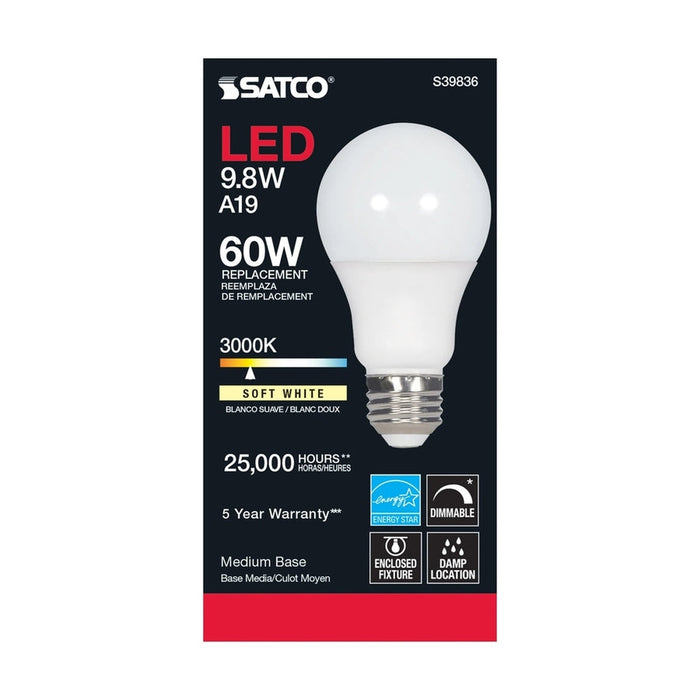 SATCO 9.8 Watt - A19 LED - Omni-directional - 3000K - Medium base - 220 deg. Beam Angle - 120 Volt S39836