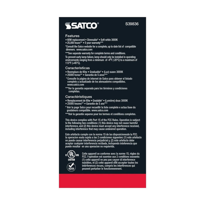 SATCO 9.8 Watt - A19 LED - Omni-directional - 3000K - Medium base - 220 deg. Beam Angle - 120 Volt S39836