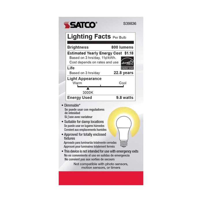 SATCO 9.8 Watt - A19 LED - Omni-directional - 3000K - Medium base - 220 deg. Beam Angle - 120 Volt S39836