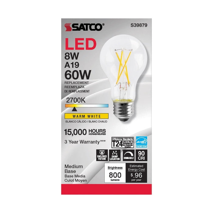 SATCO 8 Watt A19 LED - Clear Finish - Medium base - 2700K - 120 Volt S39879