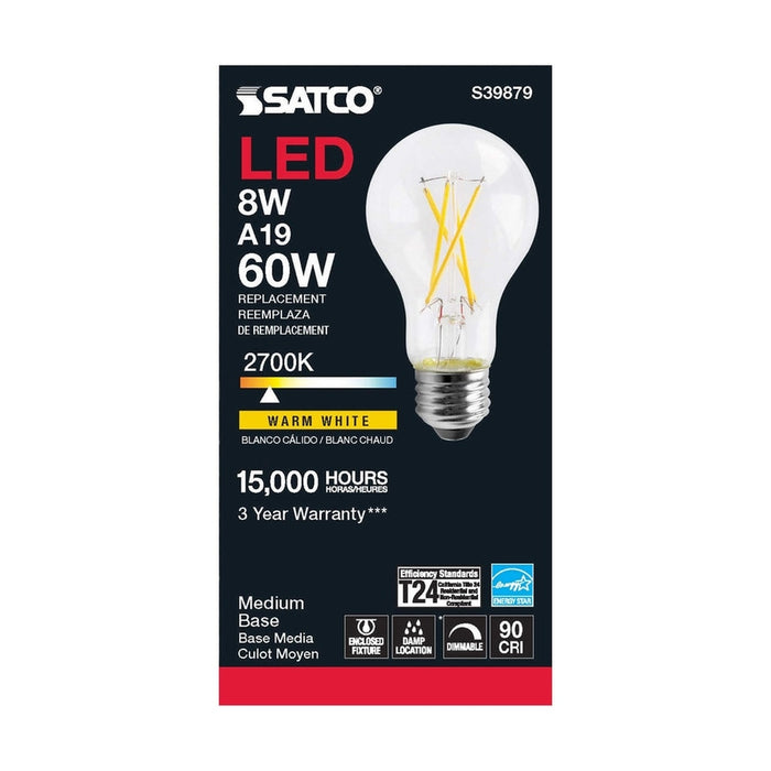 SATCO 8 Watt A19 LED - Clear Finish - Medium base - 2700K - 120 Volt S39879