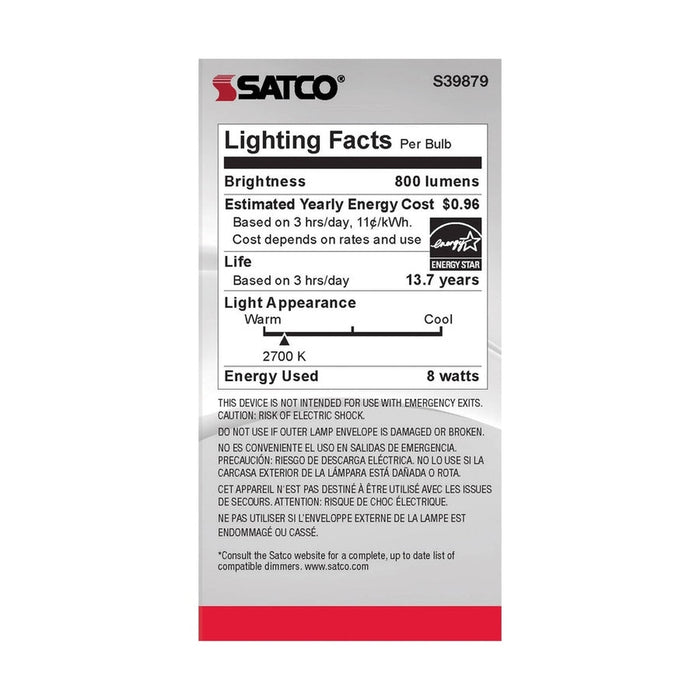 SATCO 8 Watt A19 LED - Clear Finish - Medium base - 2700K - 120 Volt S39879