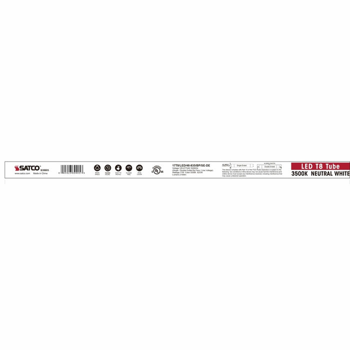 SATCO 17 Watt T8 LED - 4Ft - 3500K - Medium Bi Pin base - 50000 Average rated hours - 2100 Lumens - Type B - Ballast Bypass - Single or Double Ended Wiring - 25-Pack S39905