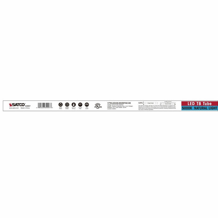 SATCO 17 Watt T8 LED - 4Ft - 5000K - Medium Bi Pin base - 50000 Average rated hours - 2200 Lumens - Type B - Ballast Bypass - Single or Double Ended Wiring - 25-Pack S39907