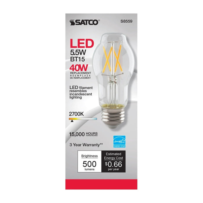 SATCO 5.5 Watt BT15 LED - Clear - Medium base - 2700K - 500 Lumens - 120 Volt S8559