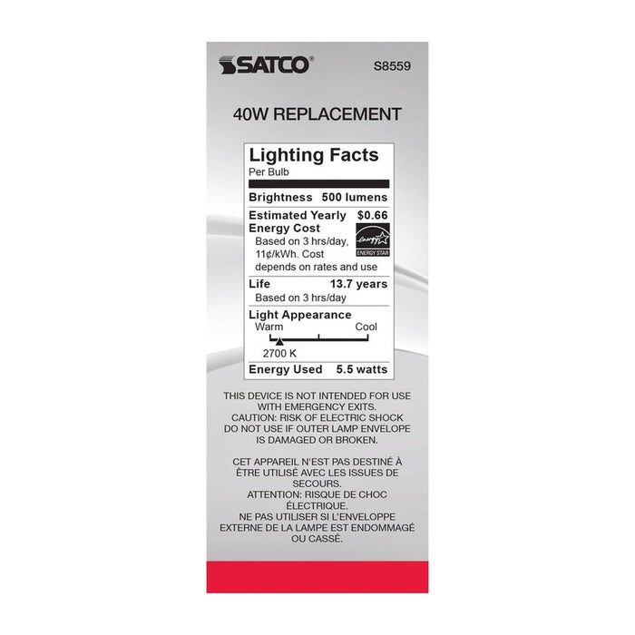 SATCO 5.5 Watt BT15 LED - Clear - Medium base - 2700K - 500 Lumens - 120 Volt S8559