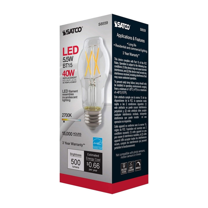 SATCO 5.5 Watt BT15 LED - Clear - Medium base - 2700K - 500 Lumens - 120 Volt S8559