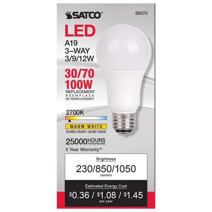 SATCO 3 Watt/9 Watt/12 Watt - A19 LED - 3-way - Frosted - 2700K - Medium base - 120 Volt S8570