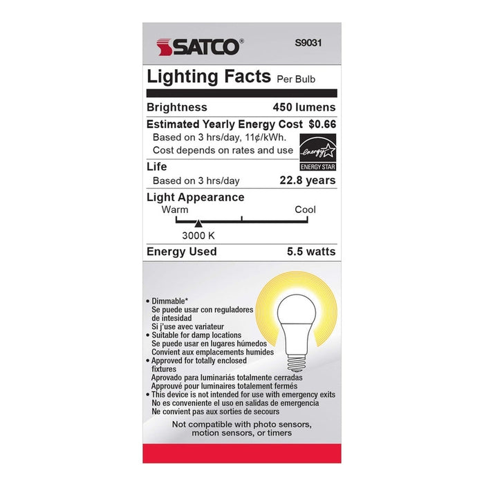 SATCO 5.5 Watt - A15 LED - Frosted - 3000K - Medium base - 230 deg. Beam Angle - 120 Volt S9031