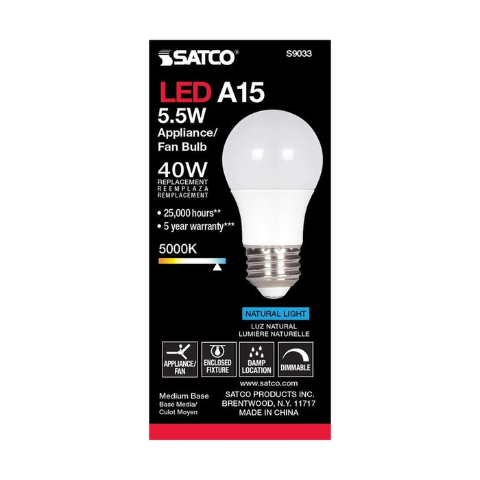 SATCO 5.5 Watt - A15 LED - Frosted - 5000K - Medium base - 230 deg. Beam Angle - 120 Volt S9033