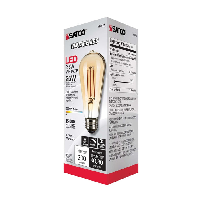 SATCO 2.5 Watt ST19 LED - Transparent Amber - Medium base - 2000K - 220 Lumens - 120 Volt S9577