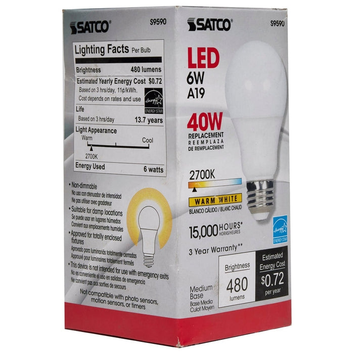 SATCO 6 Watt - A19 LED - Frosted - 2700K Medium base - 220 deg. Beam Angle - 120 Volt - Non-Dimmable S9590