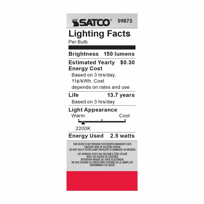 SATCO 2.5 Watt T6 LED - Amber - Candelabra base - 2000K - 150 Lumens - 120 Volt S9873