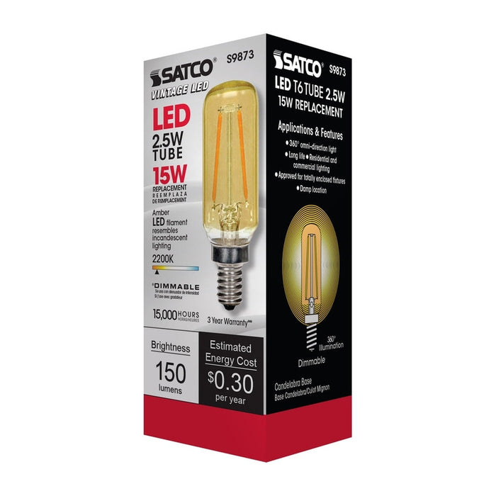 SATCO 2.5 Watt T6 LED - Amber - Candelabra base - 2000K - 150 Lumens - 120 Volt S9873