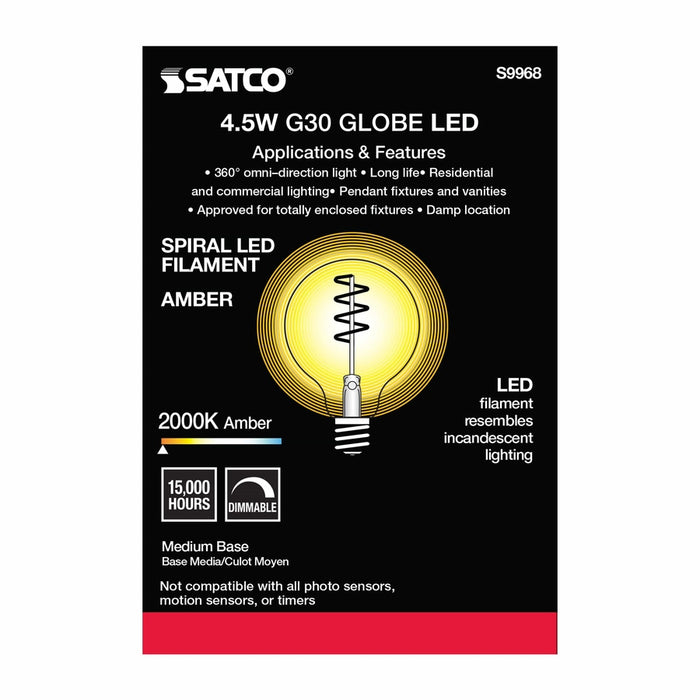 SATCO 4.5 Watt G30 LED - Amber - Medium base - 2000K - 240 Lumens - 120 Volt S9968